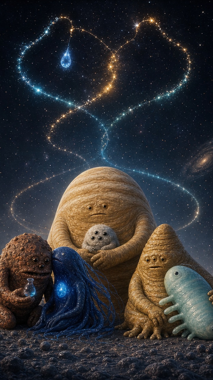 Six aliens resting together beneath cosmic signals